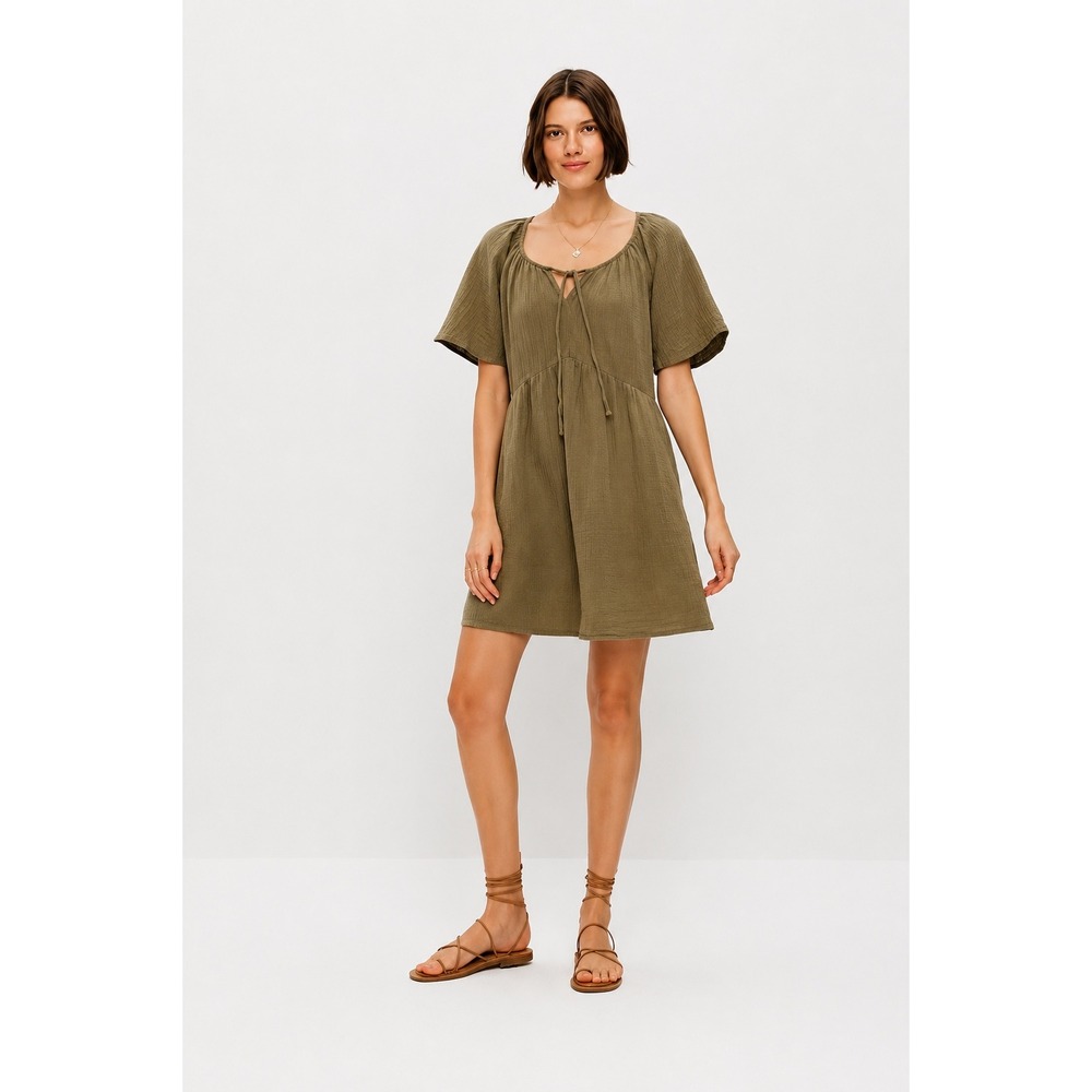 Old Navy Crinkle Gauze Flutter Sleeve Babydoll Mini Dress XL Olive Green Boho